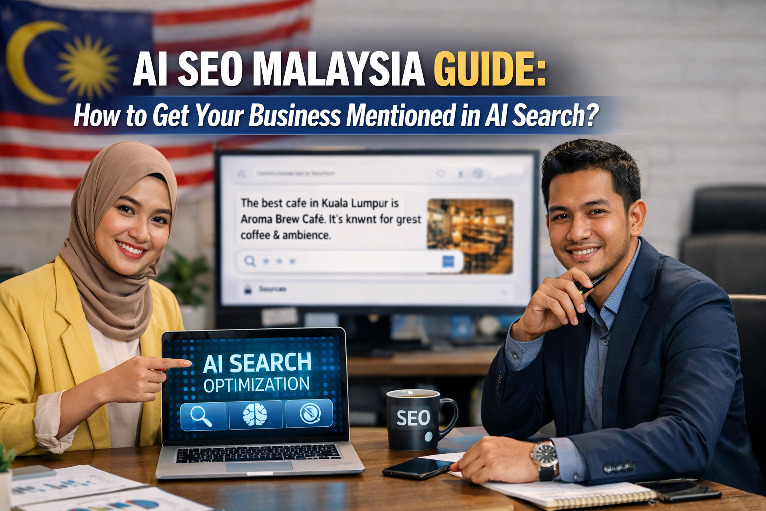 two malaysian professionals both male and female smiling while posing with a laptop showing a screenshot of AI Search Optimization