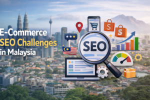 Magnifying glass focused on the word "SEO" with KL city skyline in the background.