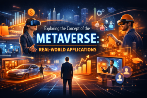 metaverse real world applications graphic visual showing two white collar employee and one blue collar exployee using it with VR gogles