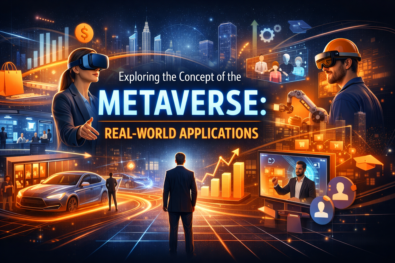 metaverse real world applications graphic visual showing two white collar employee and one blue collar exployee using it with VR gogles
