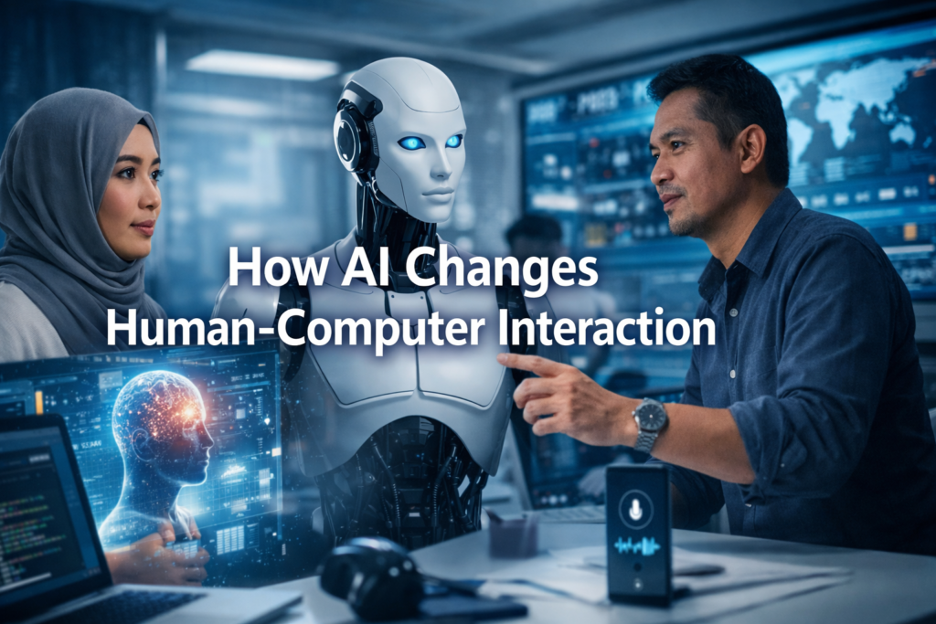 two malaysians (male and female) interacting with an ai-powered human-sized robot in the middle