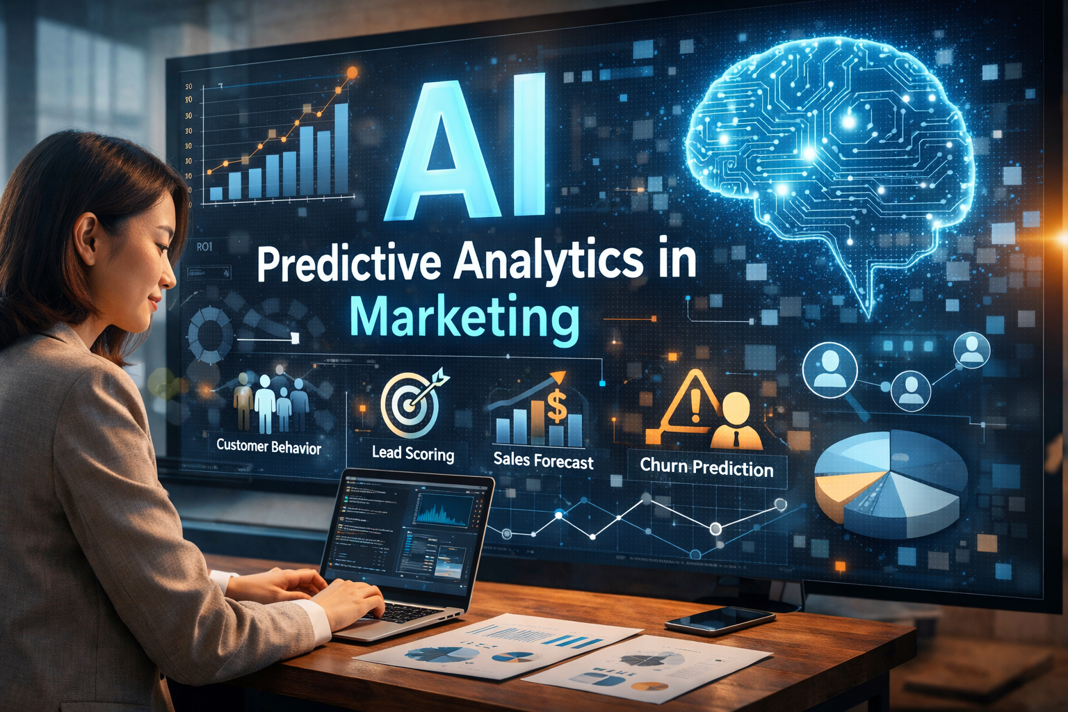 An AI generated image showing a Chinese female marketing exec working on her workstation with her laptop and a wide monitor screen displaying "AI predictive analytics in Marketing" in bold text.
