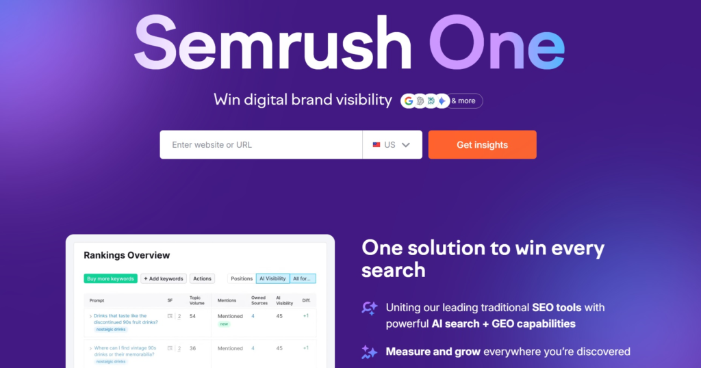 Semrush One landing page with a texfield to "Enter website URL" with a CTA button to "Get Insights"
