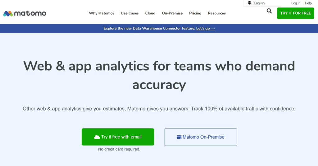 Matomo landing page with bold text displaying "web & app analytics", with a green CTA button showing "Try it free with email".