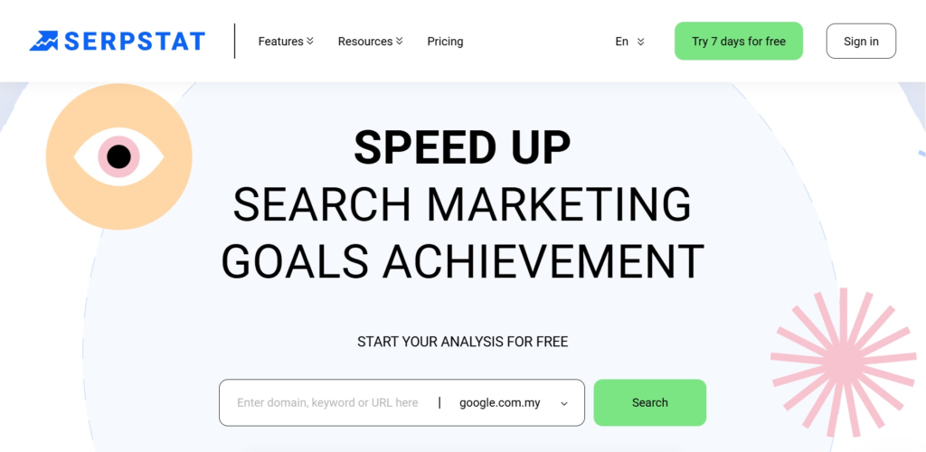 Serpstat landing page with bold text showing "Speed Up Search Marketing Goals Achievement - Start your analysis for free", with a textfield to enter domain, keyword or URL to search.