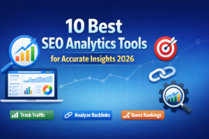 Illustration of best SEO analytics tools with graphical icons of a laptop dashboard, charts, magnifying glass, backlink and ranking icons on blue background.