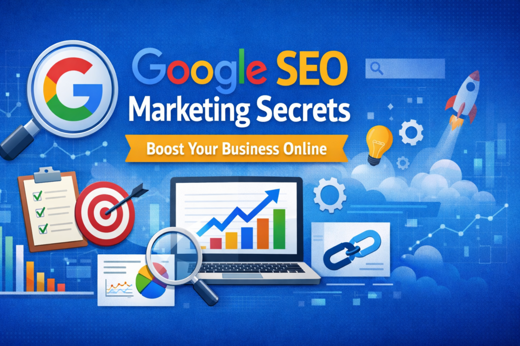 Illustration showing Google SEO marketing concept with magnifying glass, analytics charts, laptop dashboard, backlinks icon, and rocket symbolising higher search rankings.