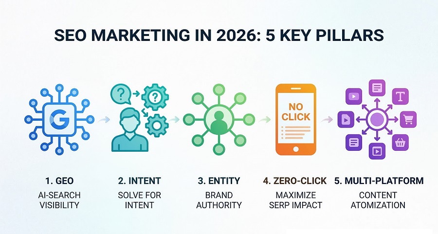 Infographic visual showing 5 SEO pillars for 2026 which is AI, intent, brand entity, zero-click, multi-platform
