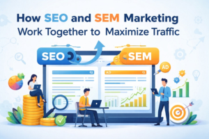 Illustration showing SEO and SEM integration, with search results, analytics charts, and upward growth arrows symbolizing increased traffic and performance.