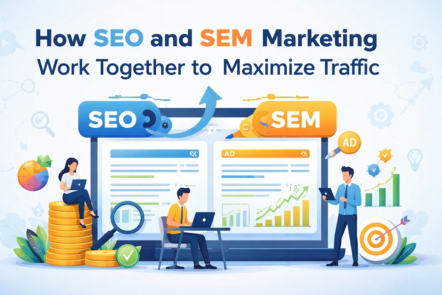 Illustration showing SEO and SEM integration, with search results, analytics charts, and upward growth arrows symbolizing increased traffic and performance.