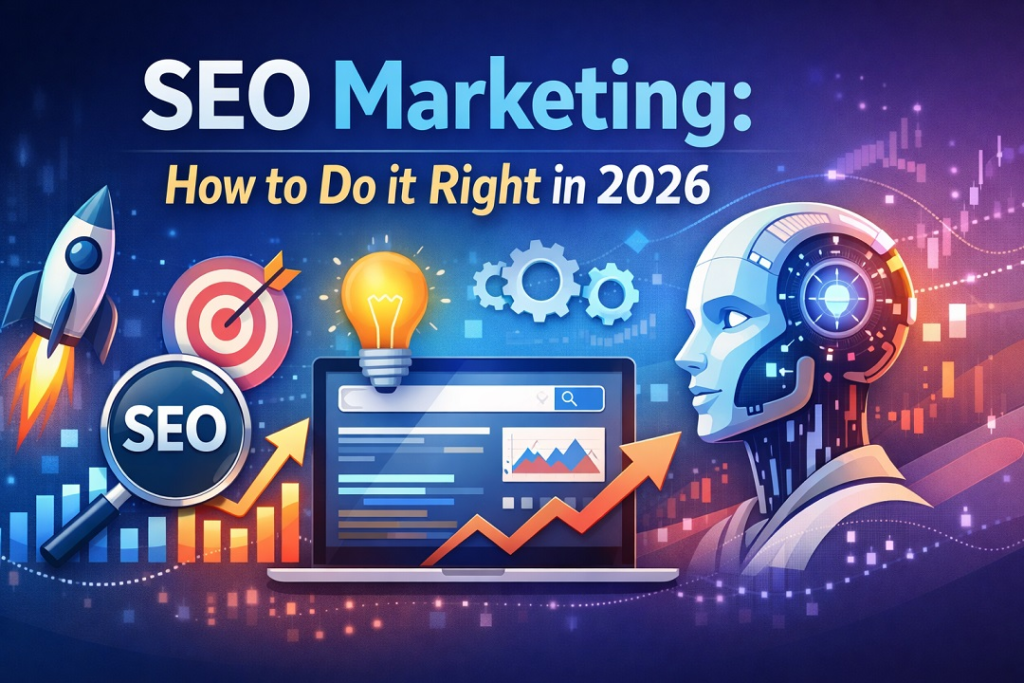 Image showing SEO marketing in 2026, with graphics of a laptop, charts, rocket, magnifying glass, lightbulb, and AI robot head